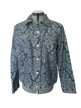 Chicos Design Womens Floral Denim Jacket Size 1(Med) Blue Button-Up 100% Cotton